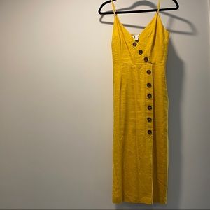 yellow button down linen midi dress